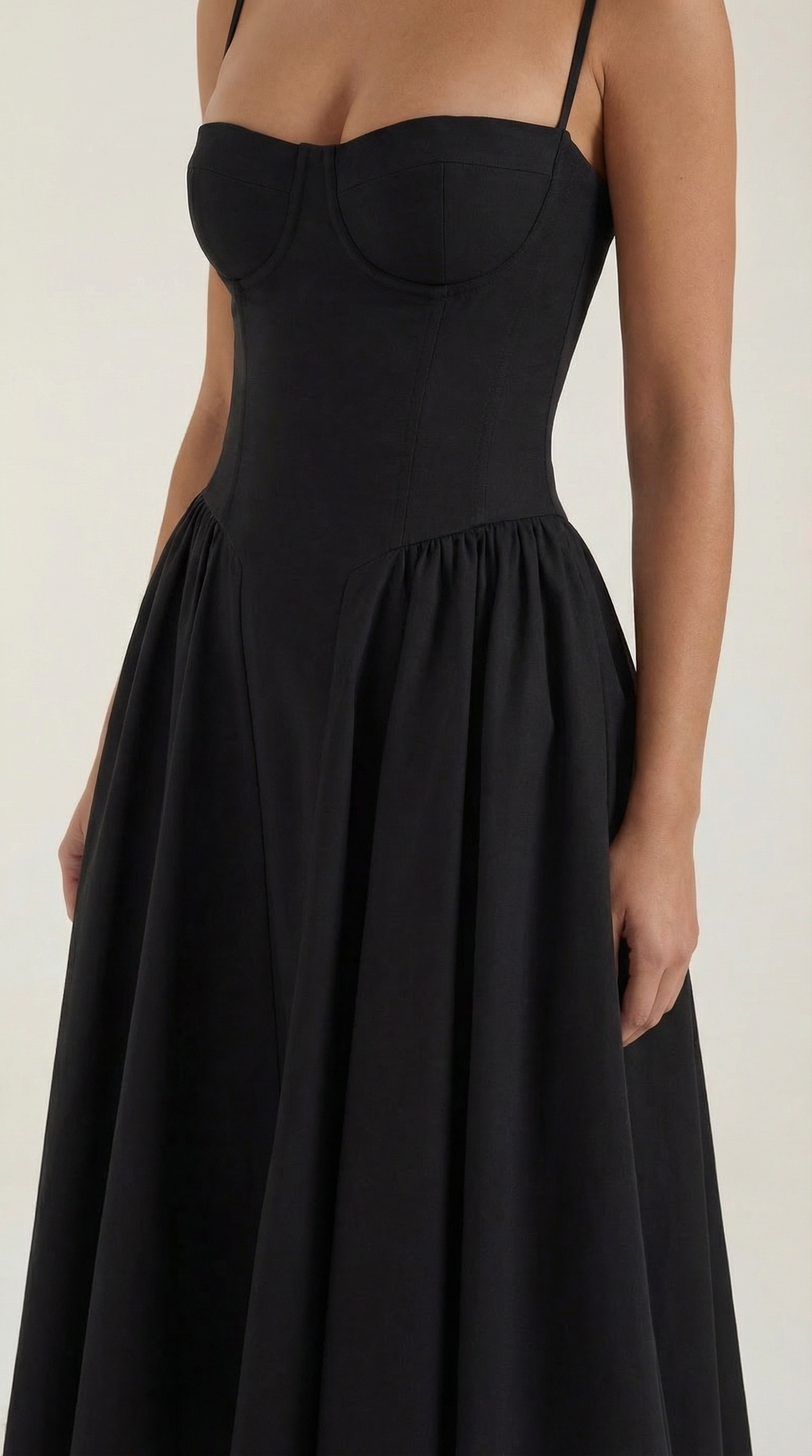 Corset Tie-Front Midi Dress in Black – close-up of corset bodice