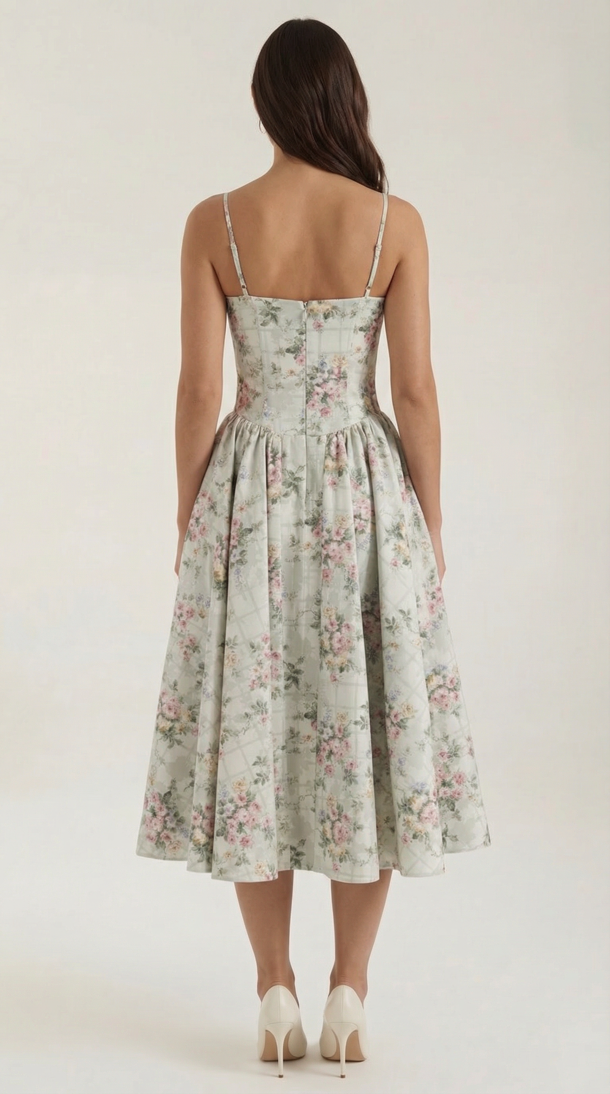 Corset Tie-Front Midi Dress in Green Floral – back view