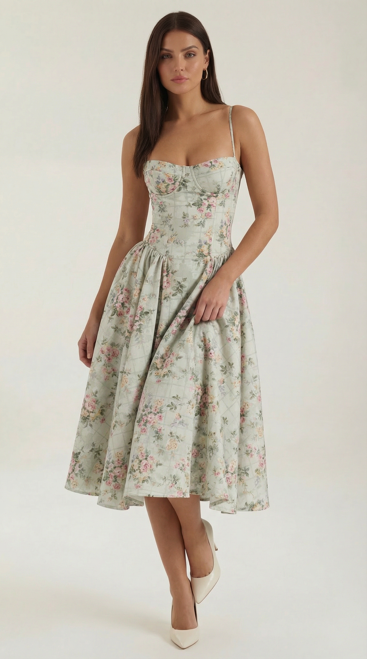 Corset Tie-Front Midi Dress in Green Floral – front view, full length