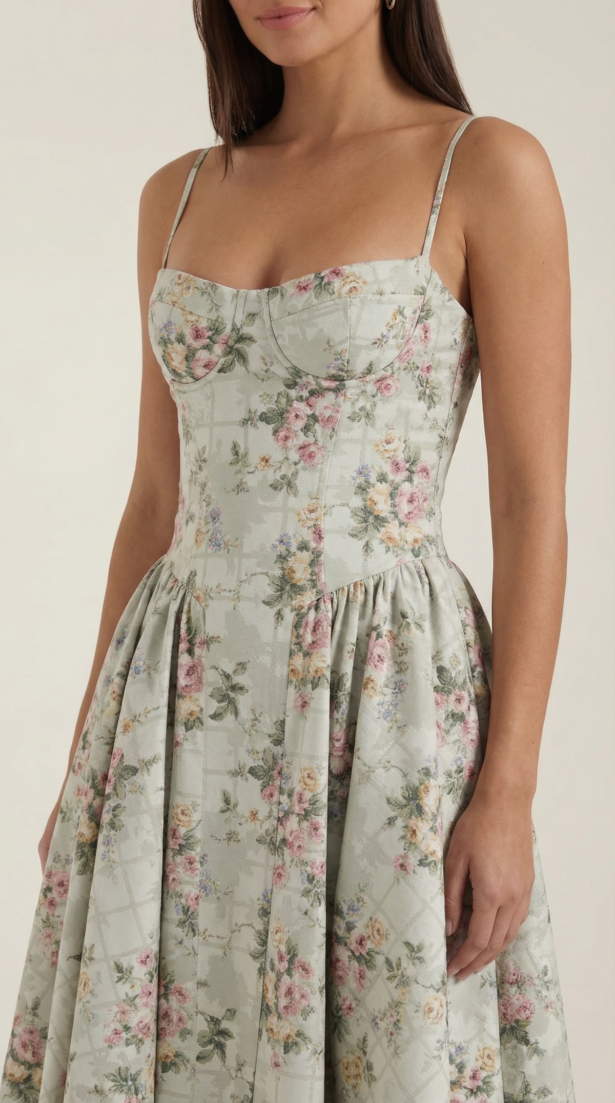 Corset Tie-Front Midi Dress in Green Floral – close-up of corset bodice