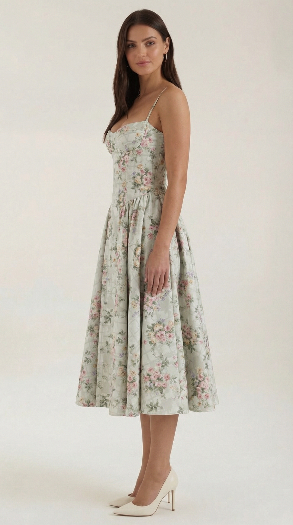 Corset Tie-Front Midi Dress in Green Floral – three-quarter front view