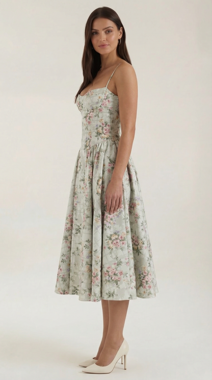 Corset Tie-Front Midi Dress in Green Floral – three-quarter front view