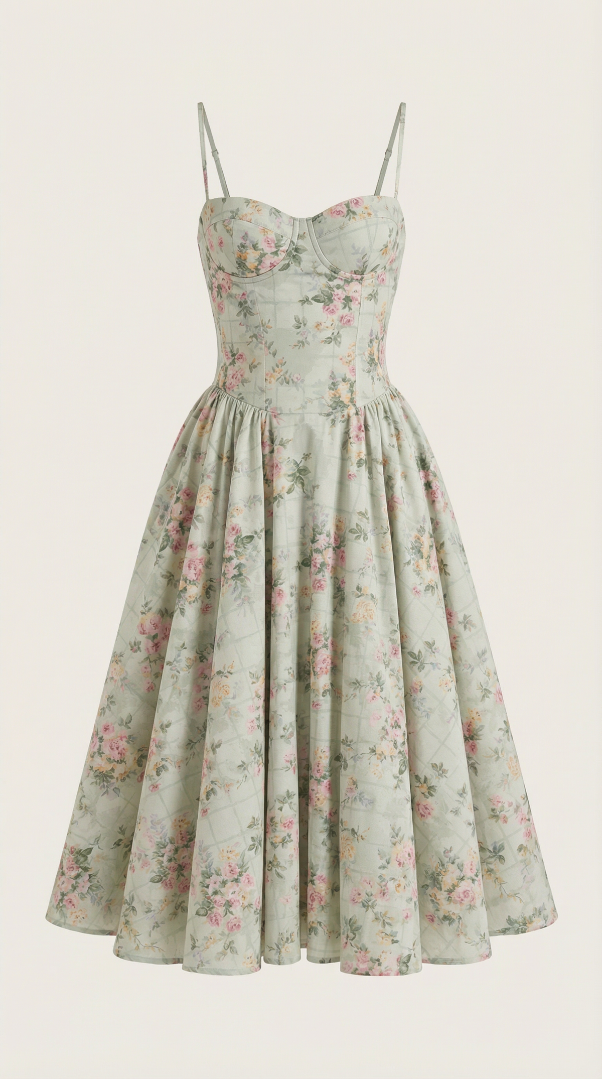 Corset Tie-Front Midi Dress in Green Floral – flat-lay product shot