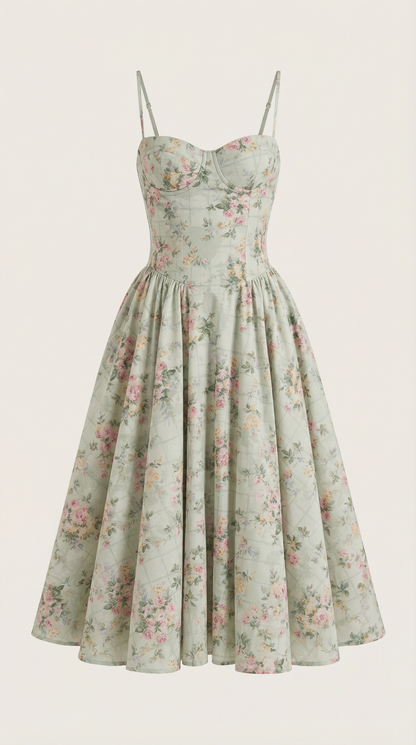 Corset Tie-Front Midi Dress in Green Floral – flat-lay product shot
