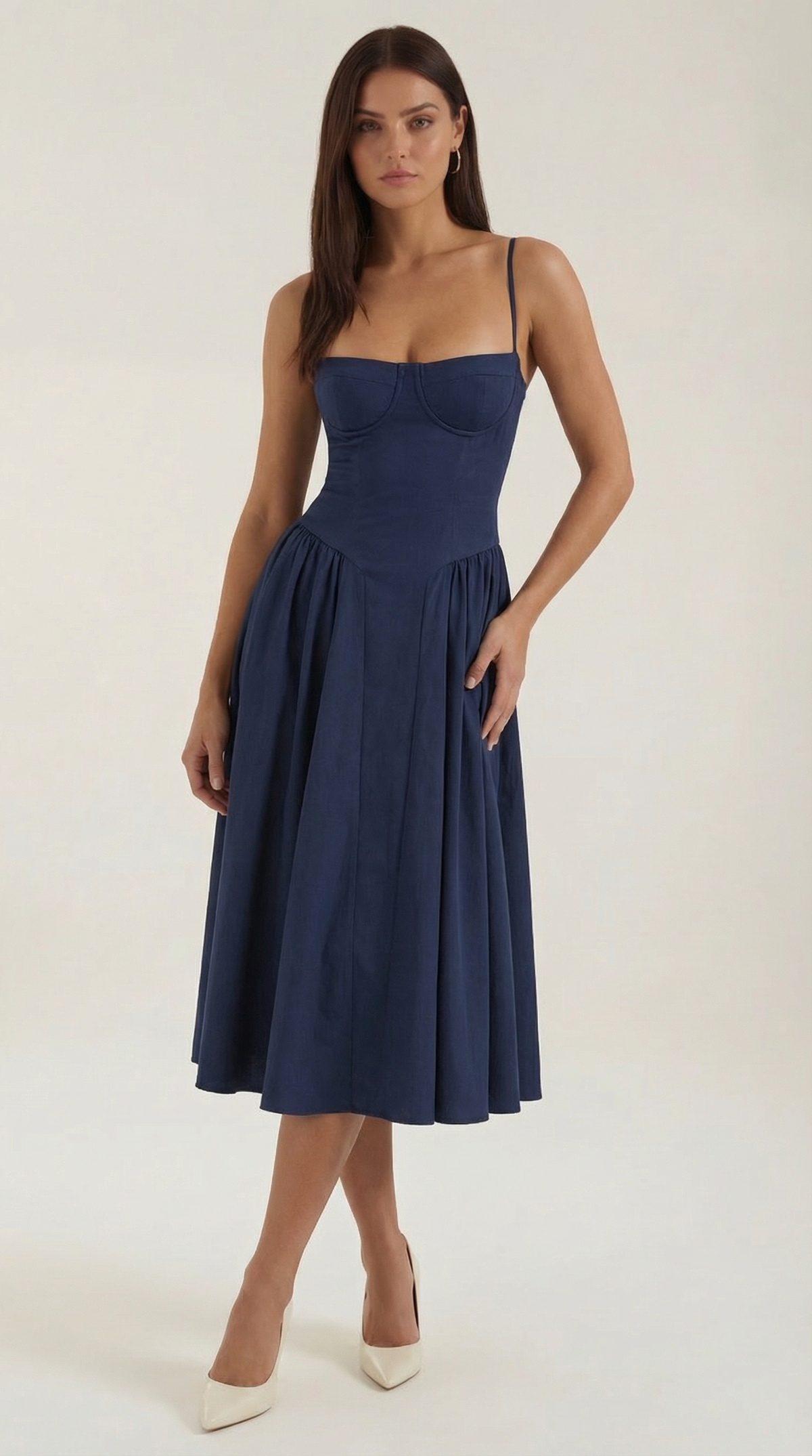 Corset Tie-Front Midi Dress in Navy – front view, full length