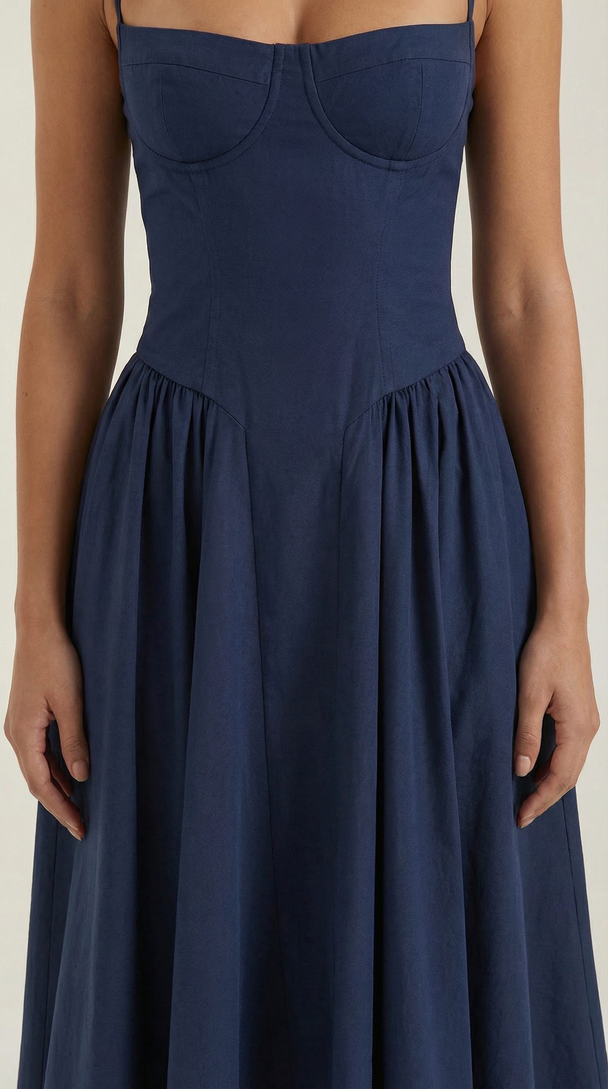 Corset Tie-Front Midi Dress in Navy – close-up of corset bodice