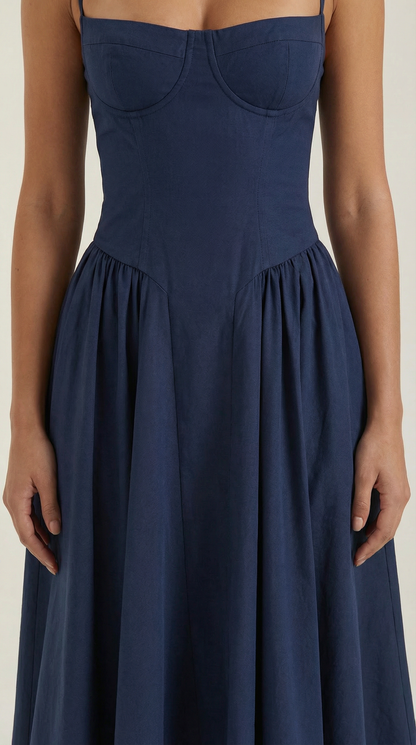 Corset Tie-Front Midi Dress in Navy – close-up of corset bodice