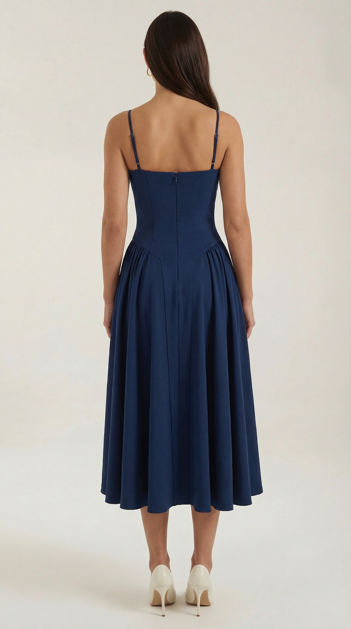 Corset Tie-Front Midi Dress in Navy – back view