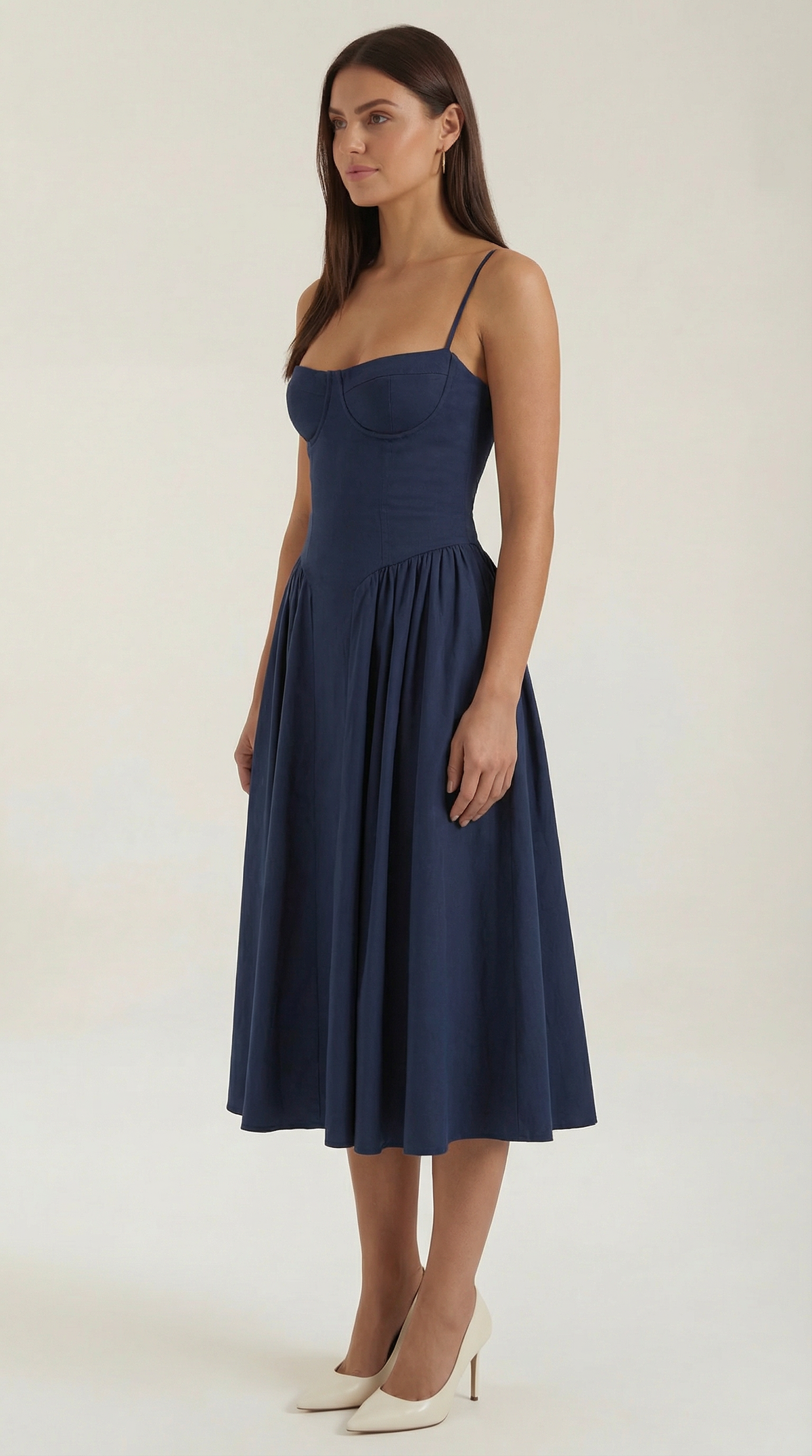 Corset Tie-Front Midi Dress in Navy – three-quarter front view