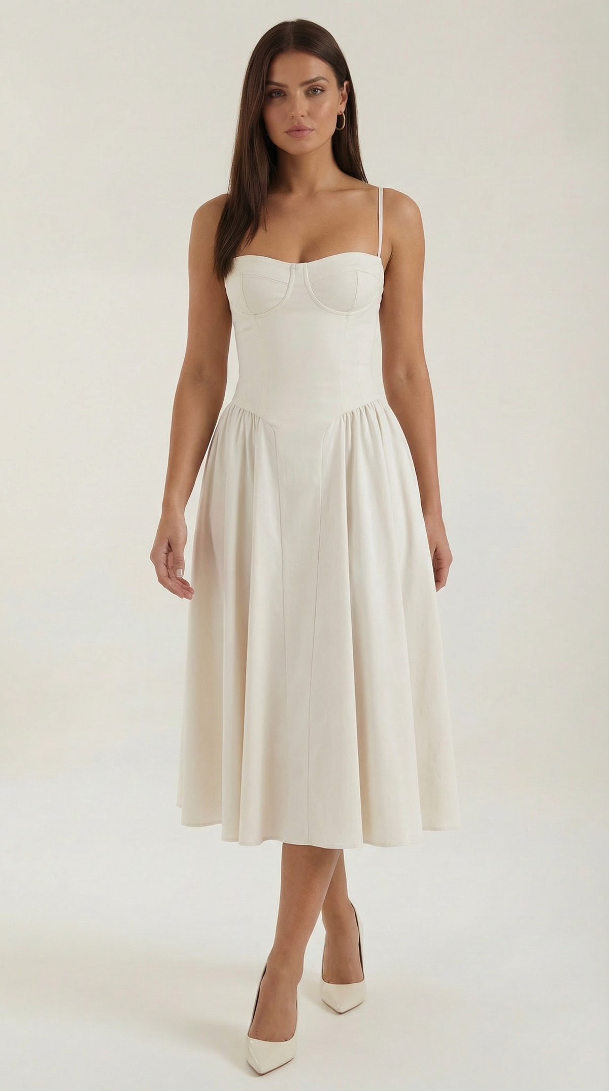 Corset Tie-Front Midi Dress in White – front view, full length