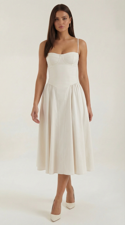 Corset Tie-Front Midi Dress in White – front view, full length