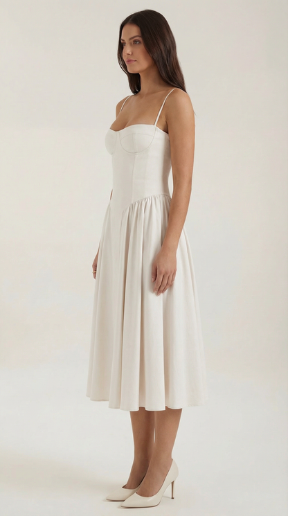 Corset Tie-Front Midi Dress in White – side view