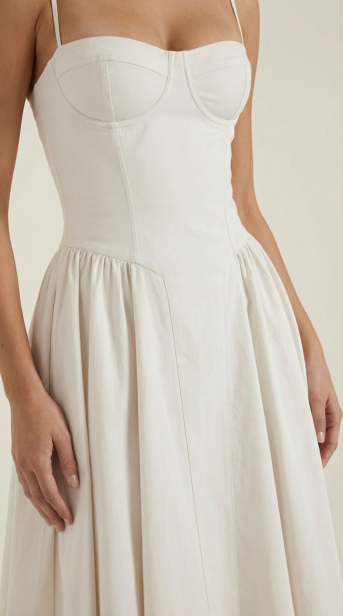 Corset Tie-Front Midi Dress in White – close-up of corset bodice